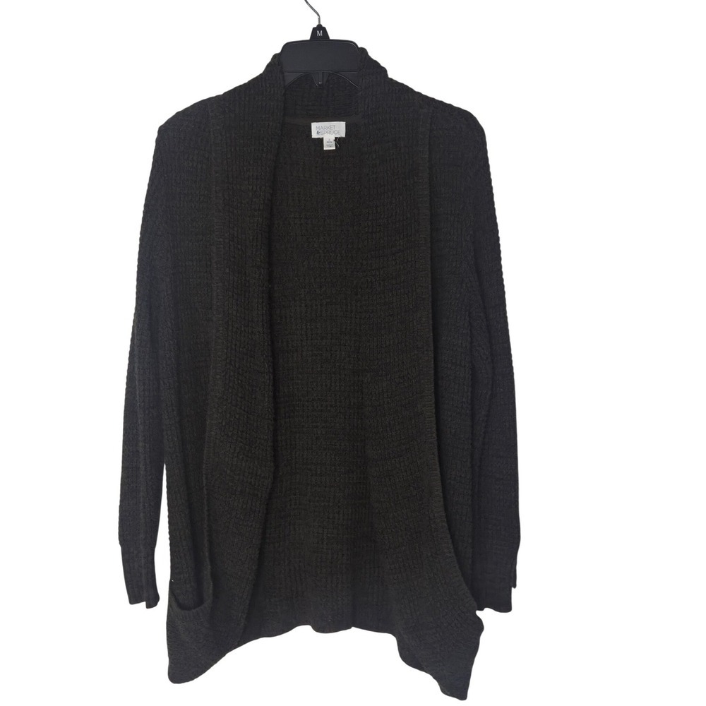 Market and Spruce Womens Large Petite Dark Green Waffle Knit Open Cardigan